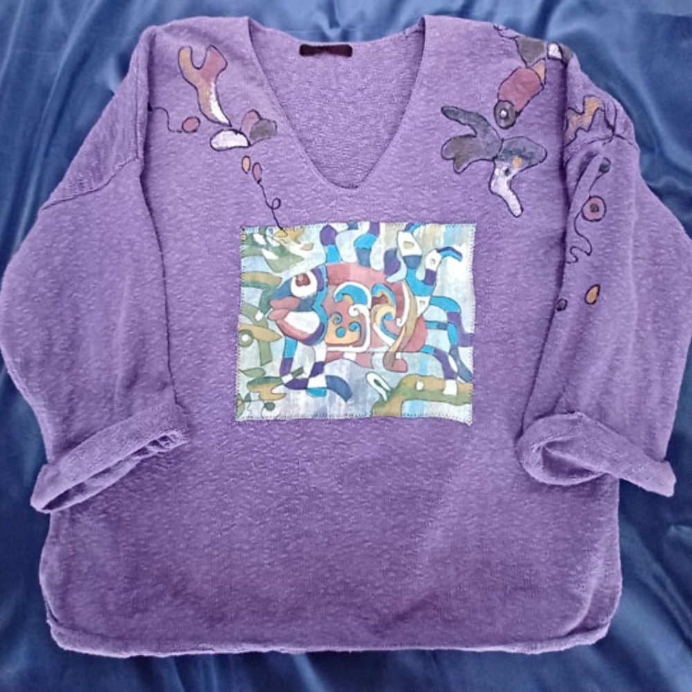 Vintage Hand-painted Whimsical Aztec Design Sweater